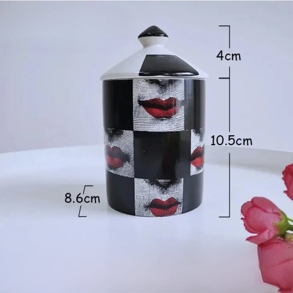 Bougeoir céramique | Accessoire déco raffiné et authentique Bouches rouges et carrés noir